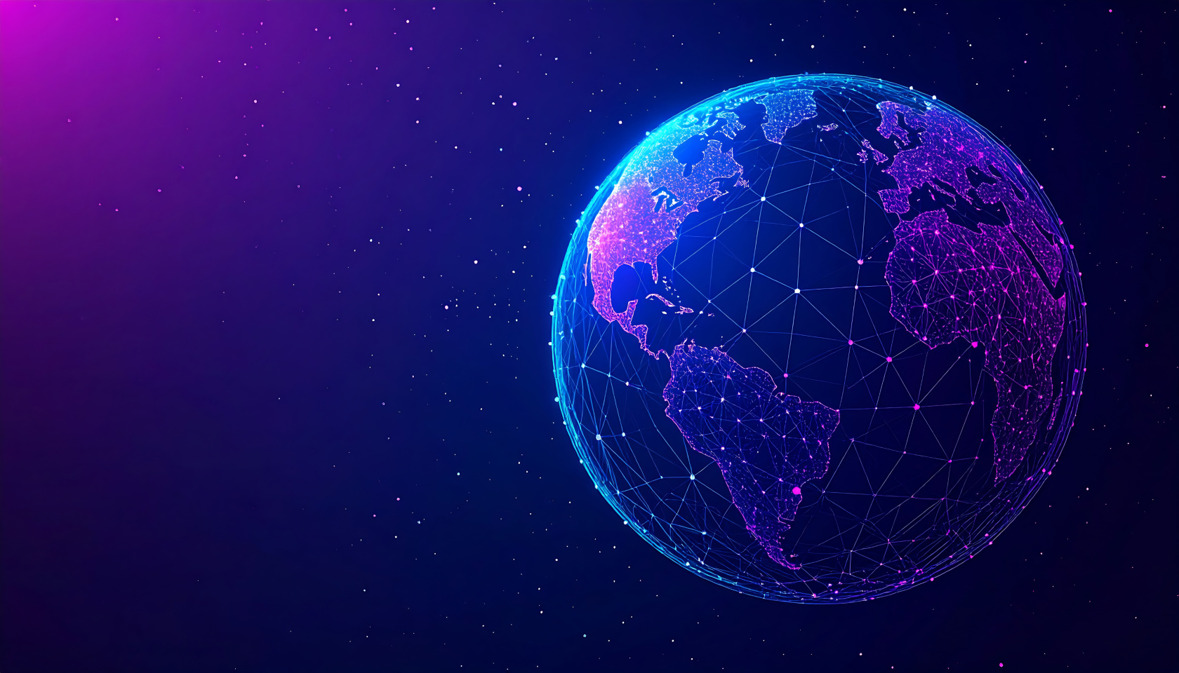 Illustration of the globe as a network of glowing, connected points against a dark background, with the Americas, Europe and Africa visible