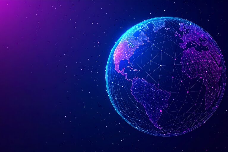 Illustration of the globe as a network of glowing, connected points against a dark background, with the Americas, Europe and Africa visible