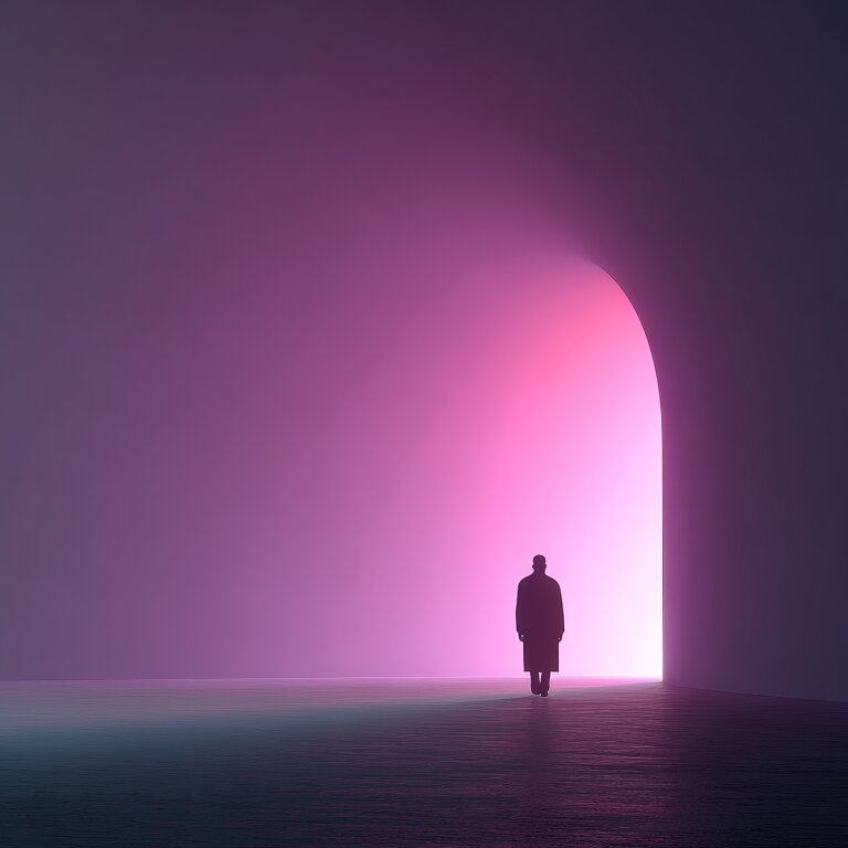 A single figure walks through a dark, hazy hall towards a tall archway filled with pink light
