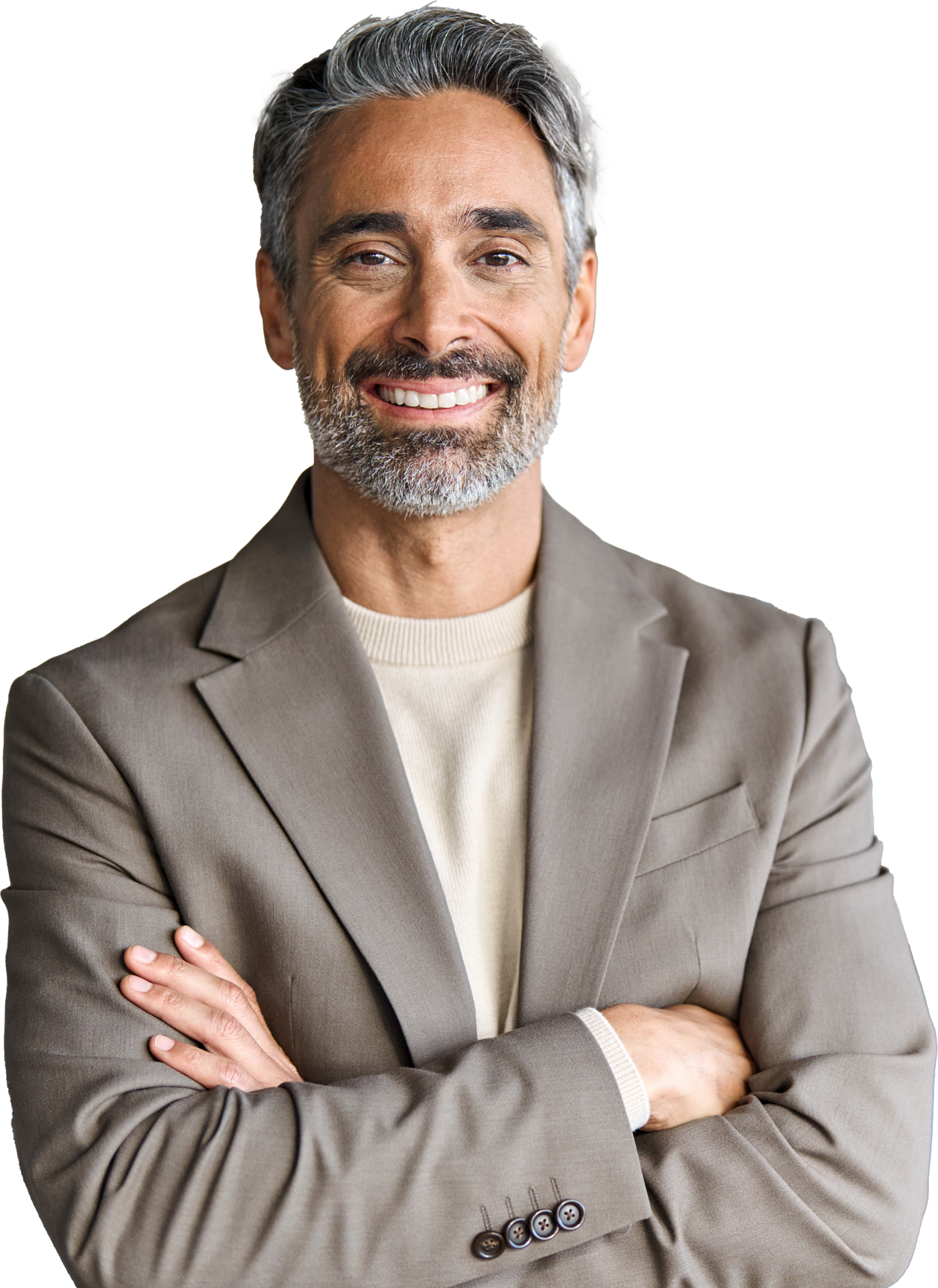 A smiling man with grey hair and a beard in a taupe blazer stands with his arms crossed, cut out against the background