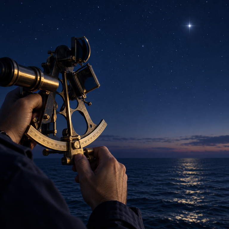 Two hands holding a brass sextant up towards a bright guiding star in the night sky above a moonlit sea