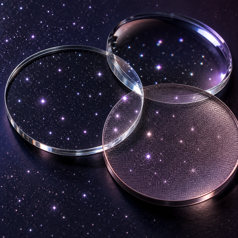 Three translucent glass discs overlapping on a deep navy starfield, one rimmed in blue and one in rose gold, with stars showing through them