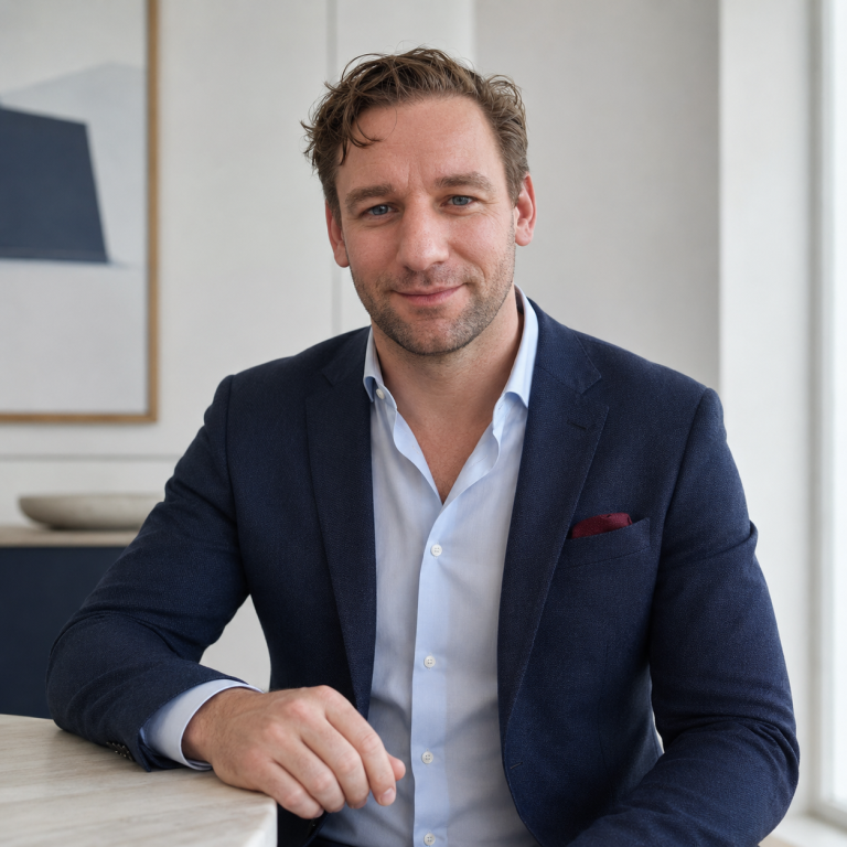 Felix, founder of Starbridge Talent, seated at a table in a bright office in a dark blue blazer