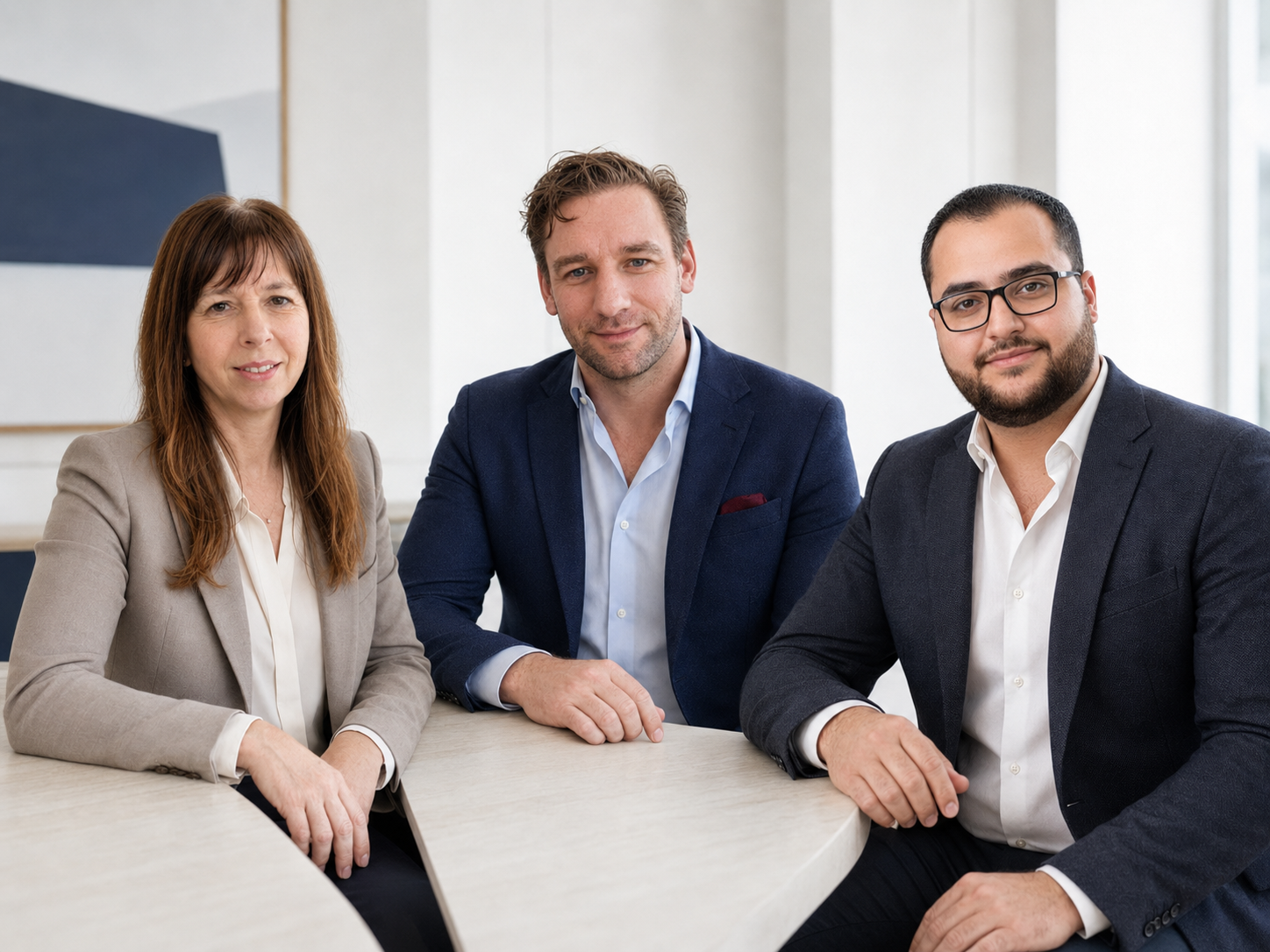 Sabrina, Felix and Hamdy, the founders of Starbridge Talent, seated side by side at a table in a bright office