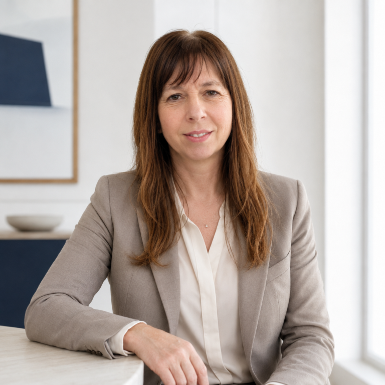 Sabrina, founder of Starbridge Talent, seated at a table in a bright office in a beige blazer